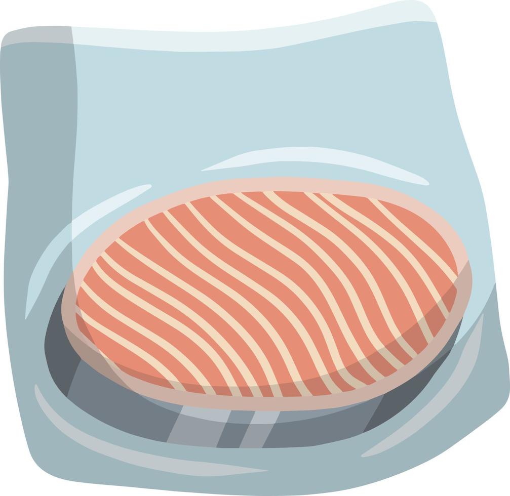 Packaging of frozen fish. Seafood and meat in package. Cartoon flat illustration. Supermarket product. Cold object vector