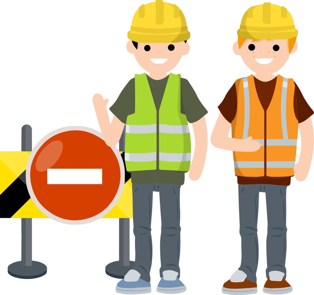 la carretera obras. No hay entrada signo. barrera y cerca. restringido área. dibujos animados plano ilustración. dos hombre construcción trabajadores en uniforme. cerrado la carretera vector