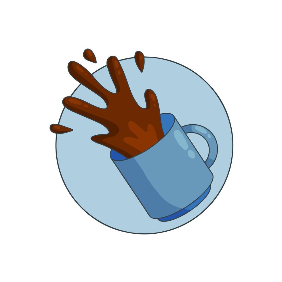 Spilled Cup of coffee. Spray and drop. Sloppy handling in kitchen. Drink with caffeine. Cartoon illustration. vector