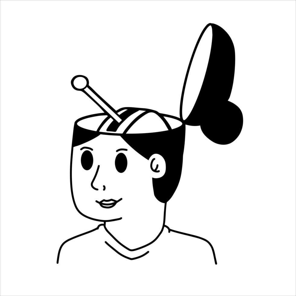 Lever in woman head. Psychological concept of switching problems, emotions and productive state. Mechanical handbrake in person mind. Outline cartoon vector