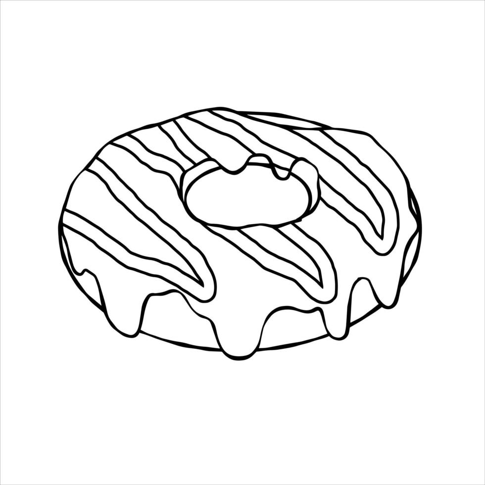 Donut with glaze. Sweet sugar dessert with icing. Outline cartoon illustration isolated on white background vector