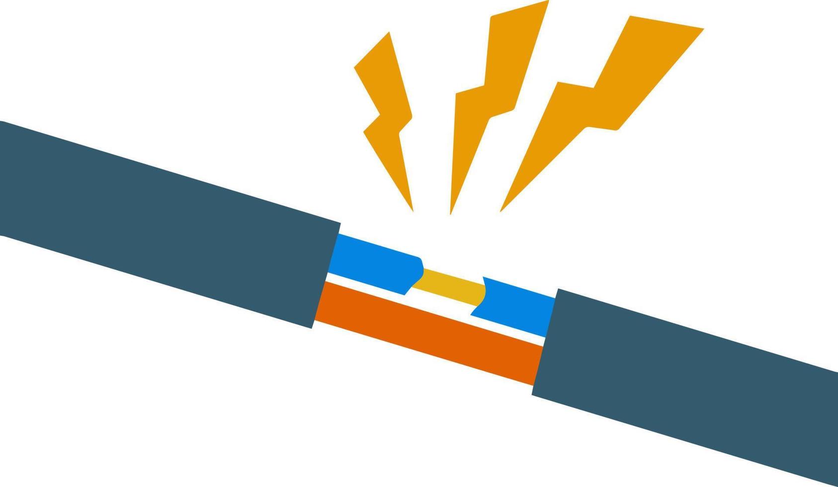 Blue damaged cable with red wire. Orange lightning and the spark. Broken line. faulty electrical appliance. Power Safety rule. Cartoon flat illustration. Electrical shock, short circuit. vector