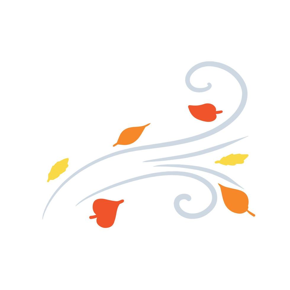 Autumn Wind. Stream of air with red and yellow leaves. Blue wavy line. Breeze and weather icon. Flat illustration. Leaf fall vector