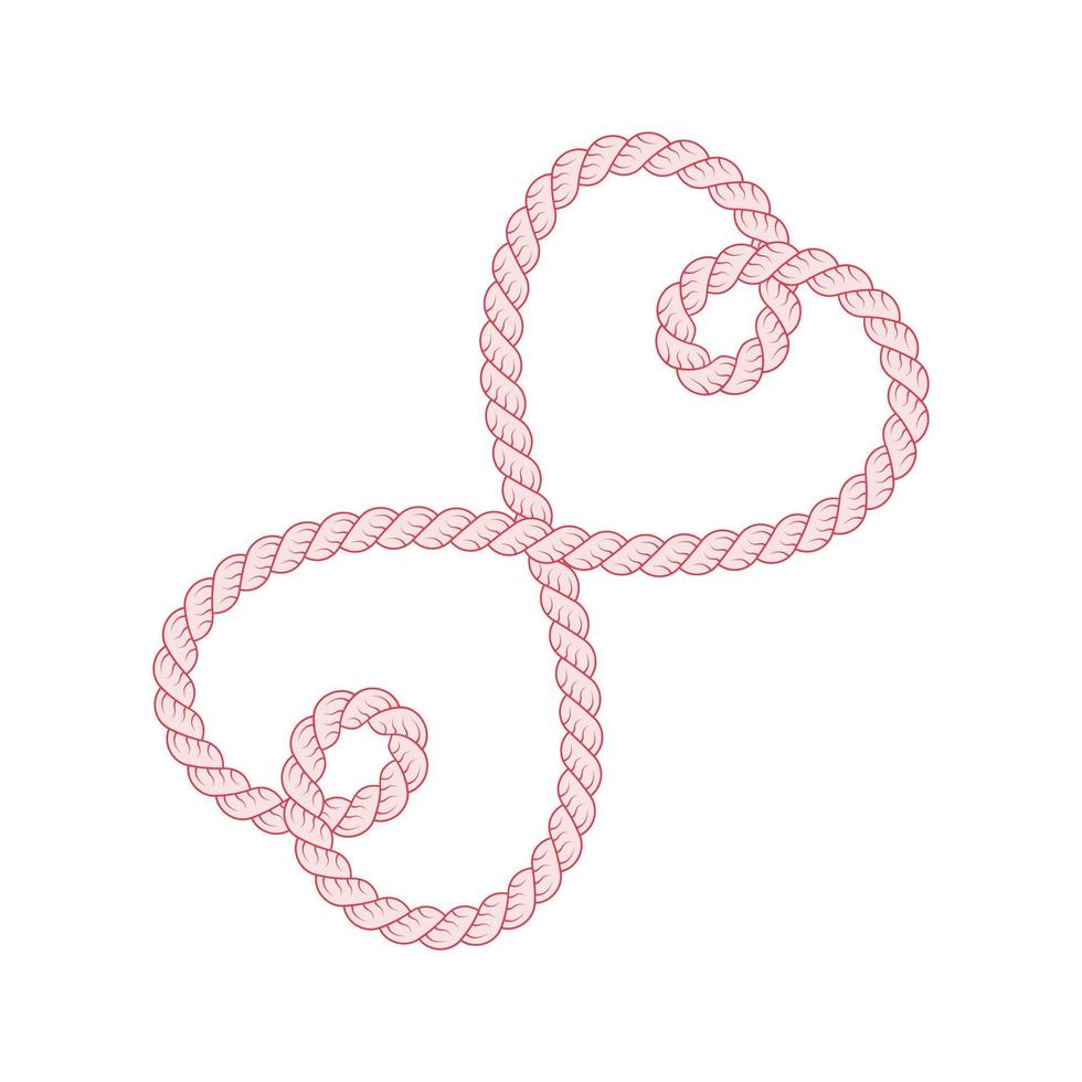 Red rope heart celtic knot with bristles on a white background vector. Overlapping lasso love hearts logo. vector