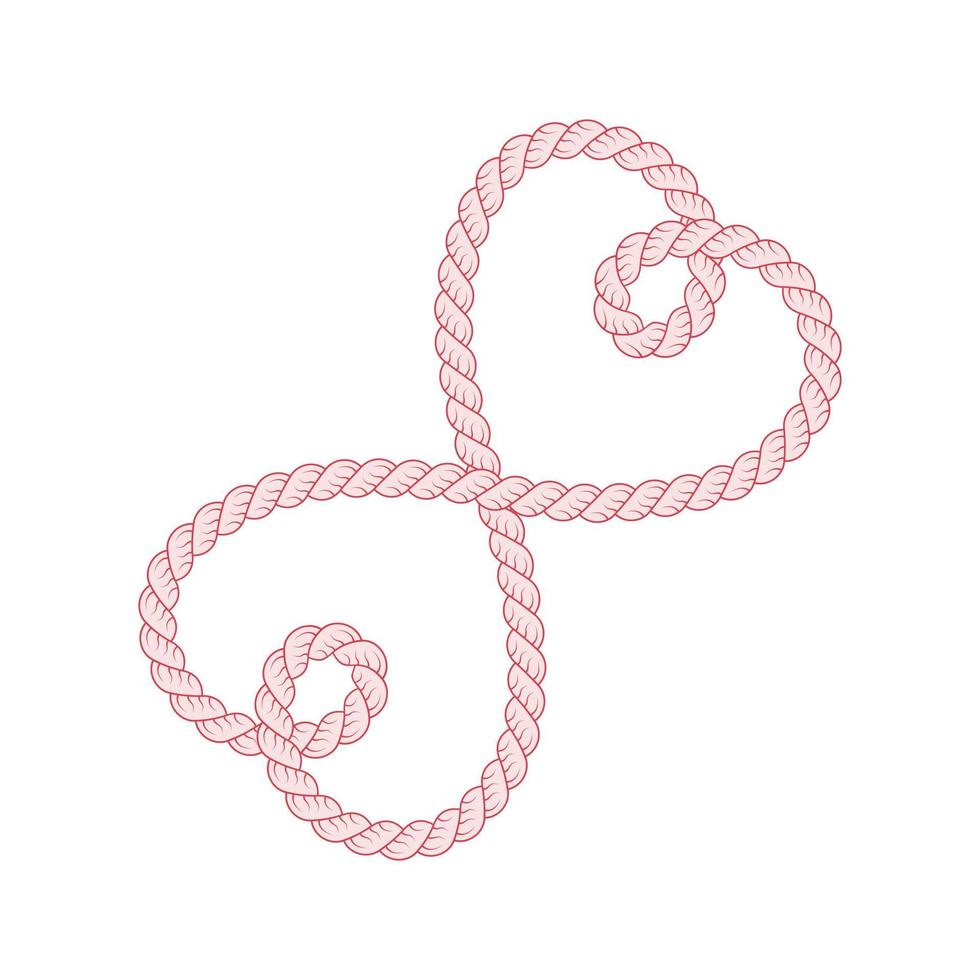 Red rope heart celtic knot with bristles on a white background vector. Overlapping lasso love hearts logo. vector