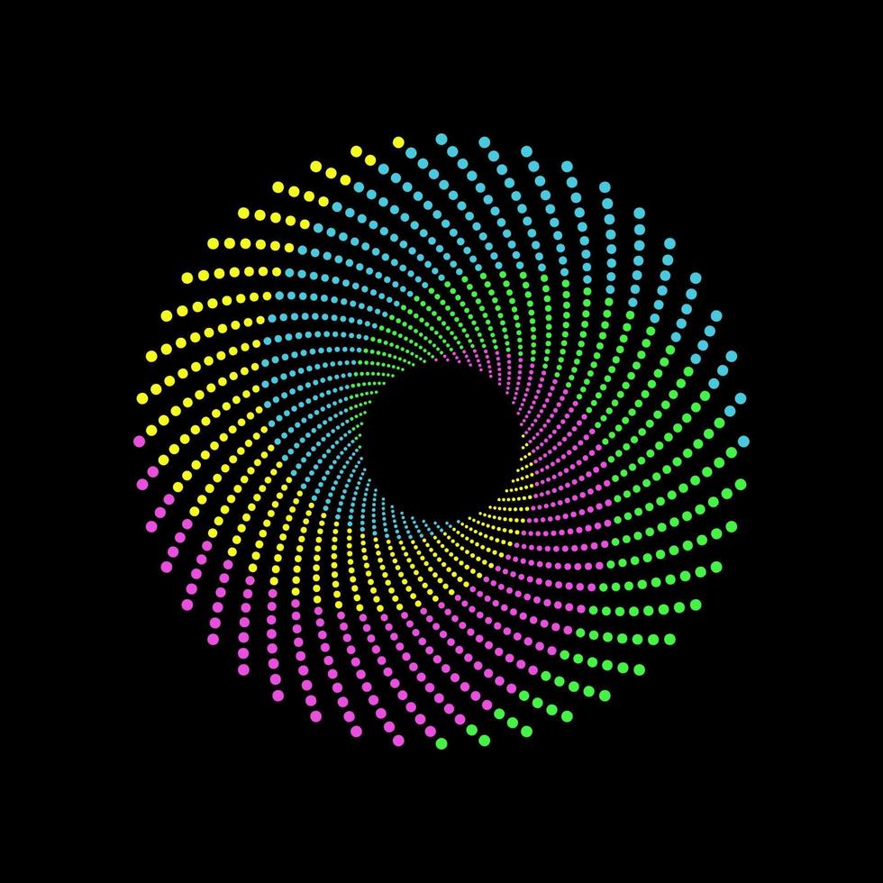 Green, pink, yellow, and cyan halftone swirl dots mosaic circle. Abstract dotted spiral vortex logo vector template.