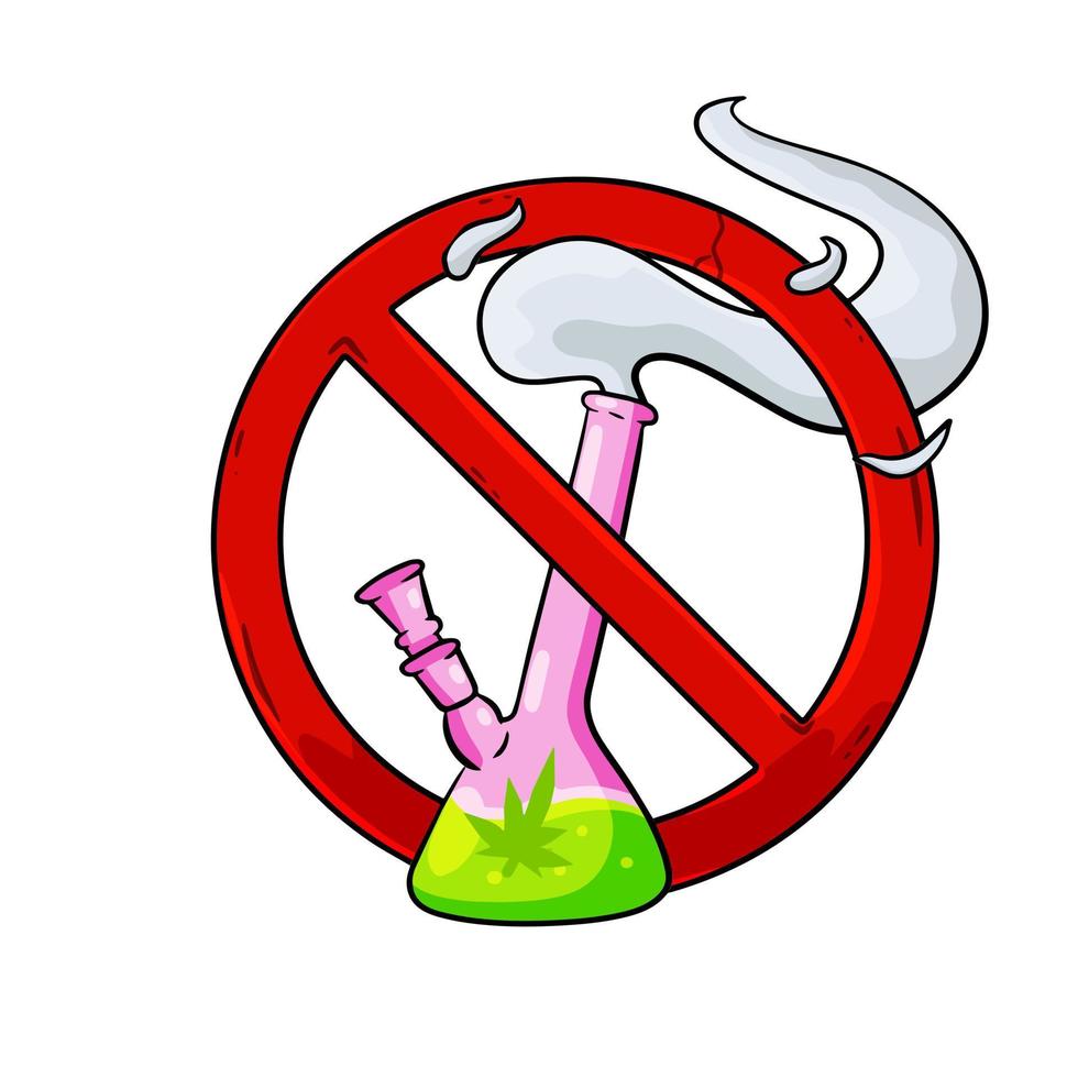 bong prohibición de las drogas. detener la marihuana. instrumento de vidrio para fumar ganja. señal roja. ilustración de dibujos animados vector