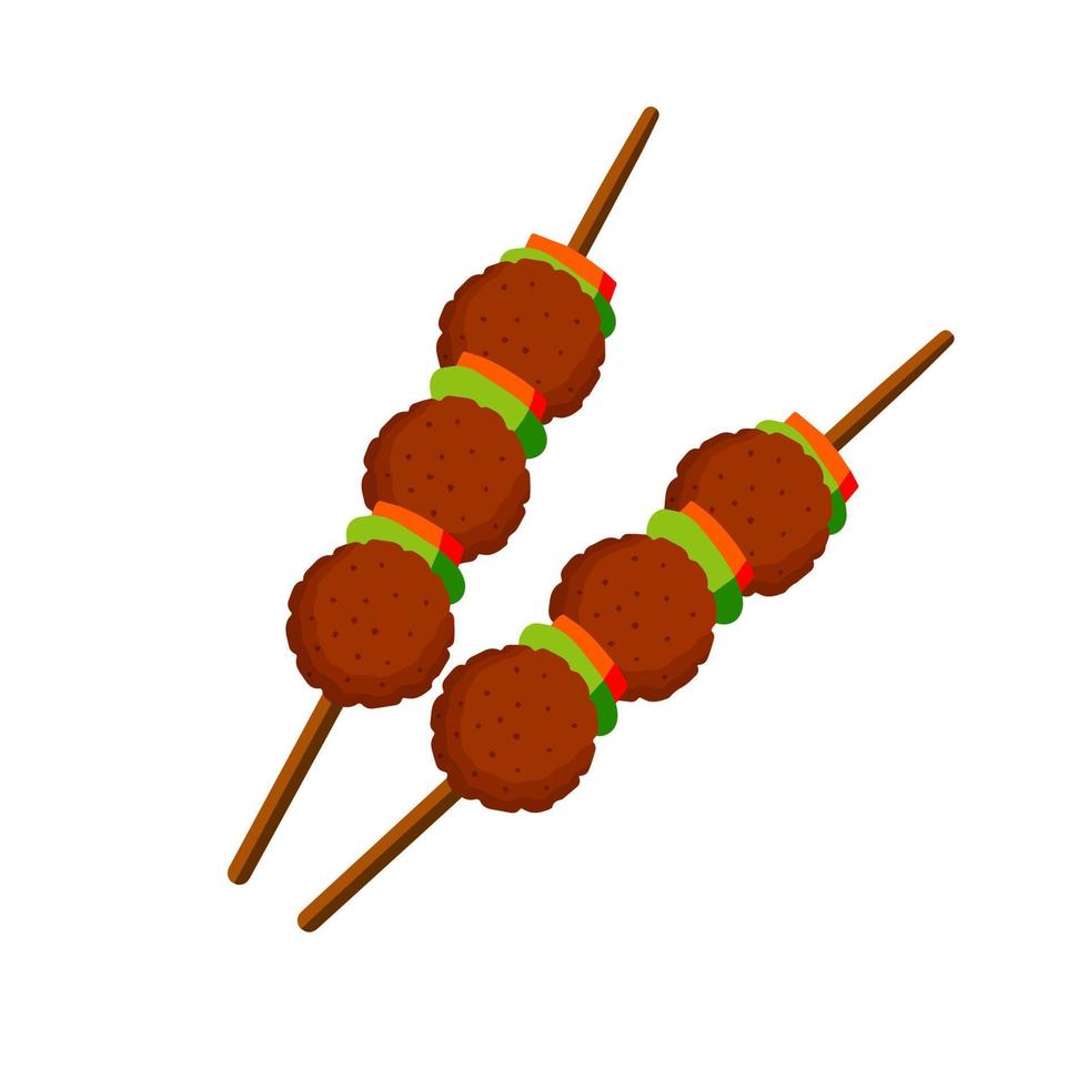 Meat balls on a stick. Food for grilling and frying. Barbecue element. Brown meatball. Flat cartoon illustration vector