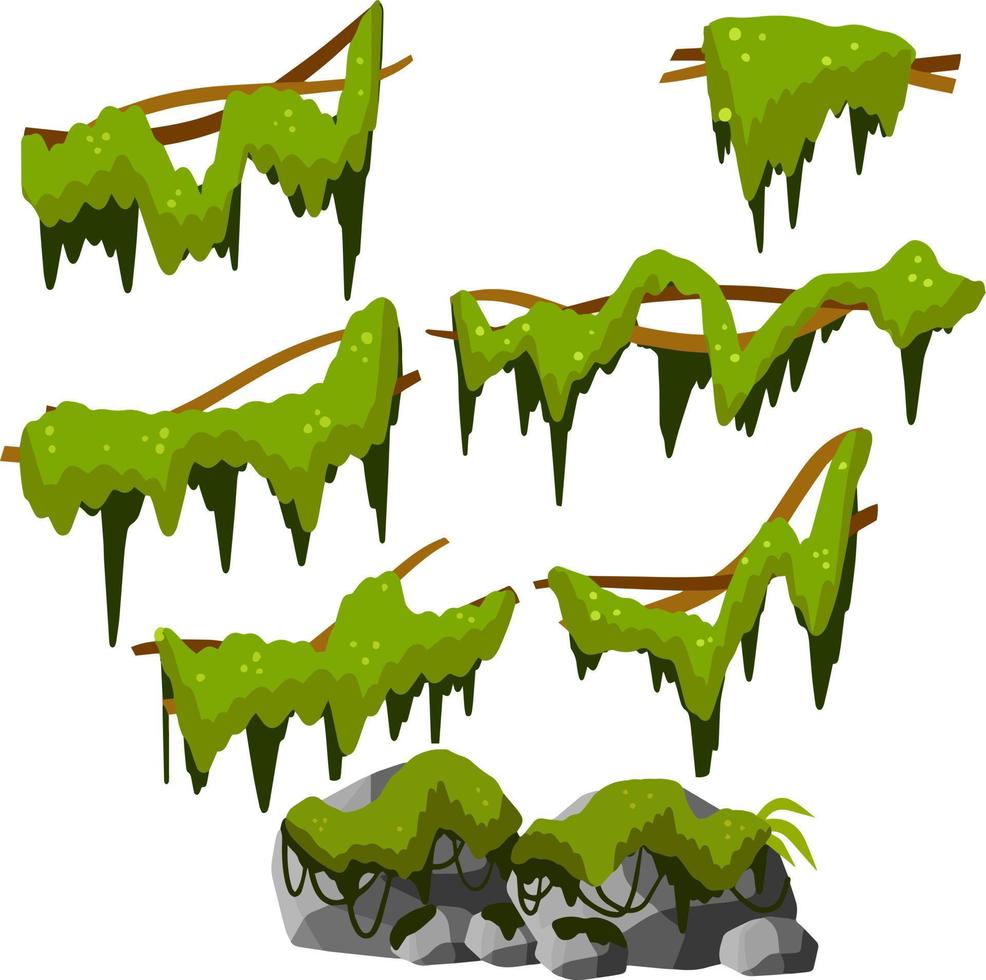 Set of branches with moss and green grass. Marsh plant. Part of the scenery of the jungle. swamp Stones with mold. bog vine of trees. Cartoon flat illustration vector