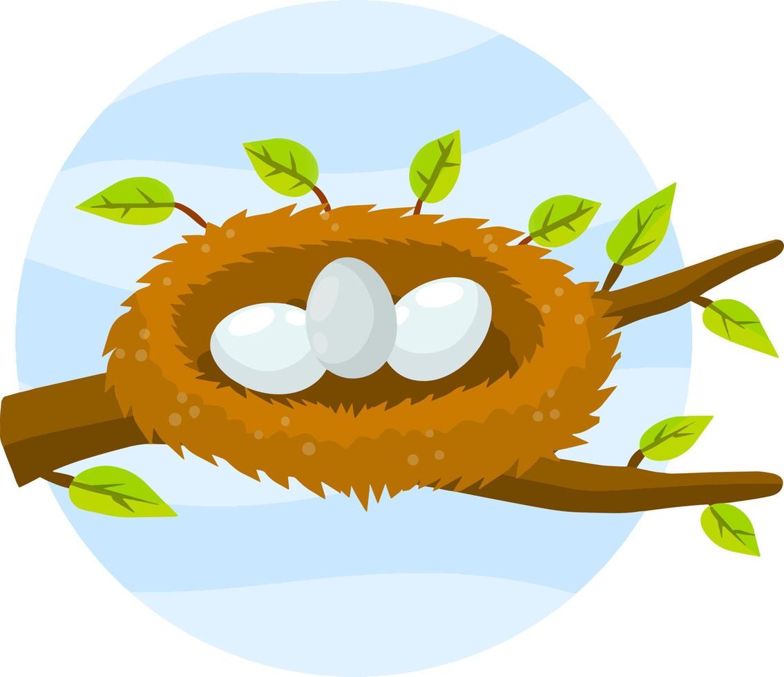 Nest and egg. Bird house. Place for Chicks. Tree branch with leaves. Cartoon flat illustration. element of nature and forests. Wildlife. Blue background vector