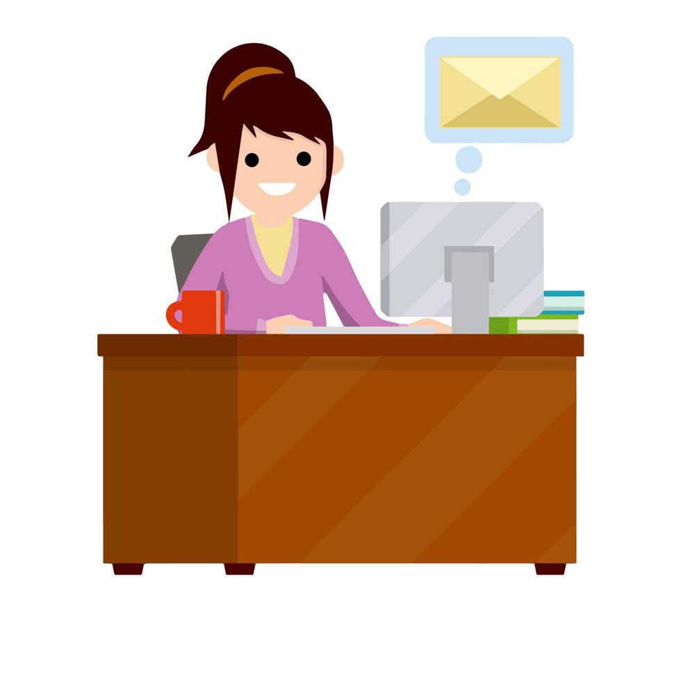 Young woman sit at table with computer and receives letter. Cartoon flat illustration. Work in office. postal envelope in bubble. e-mail in messenger, chat with friends on Internet vector