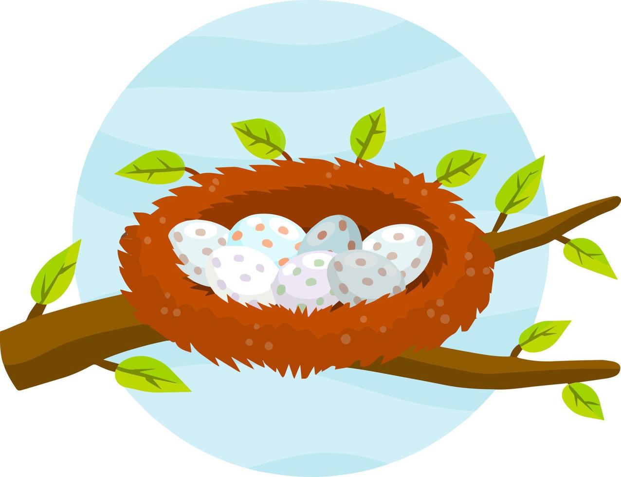 Nest and egg. Bird house. Place for Chicks. Tree branch with leaves. Cartoon flat illustration. element of nature and forests. Wildlife. Blue background vector