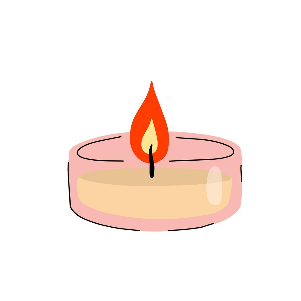 Scented candles in glass jar. Romantic Flame and fire in decorative glass. Doodle cartoon isolated on white background vector