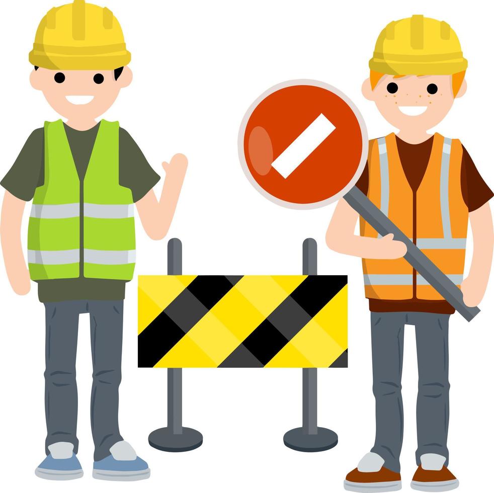 Road works. No-entry sign. barrier and fence. restricted area. Cartoon flat illustration. Two man construction workers in uniform. Closed road vector