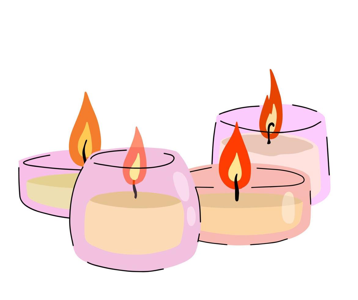 Scented candles in glass jar. Romantic Flame and fire in decorative glass. Doodle cartoon isolated on white background vector