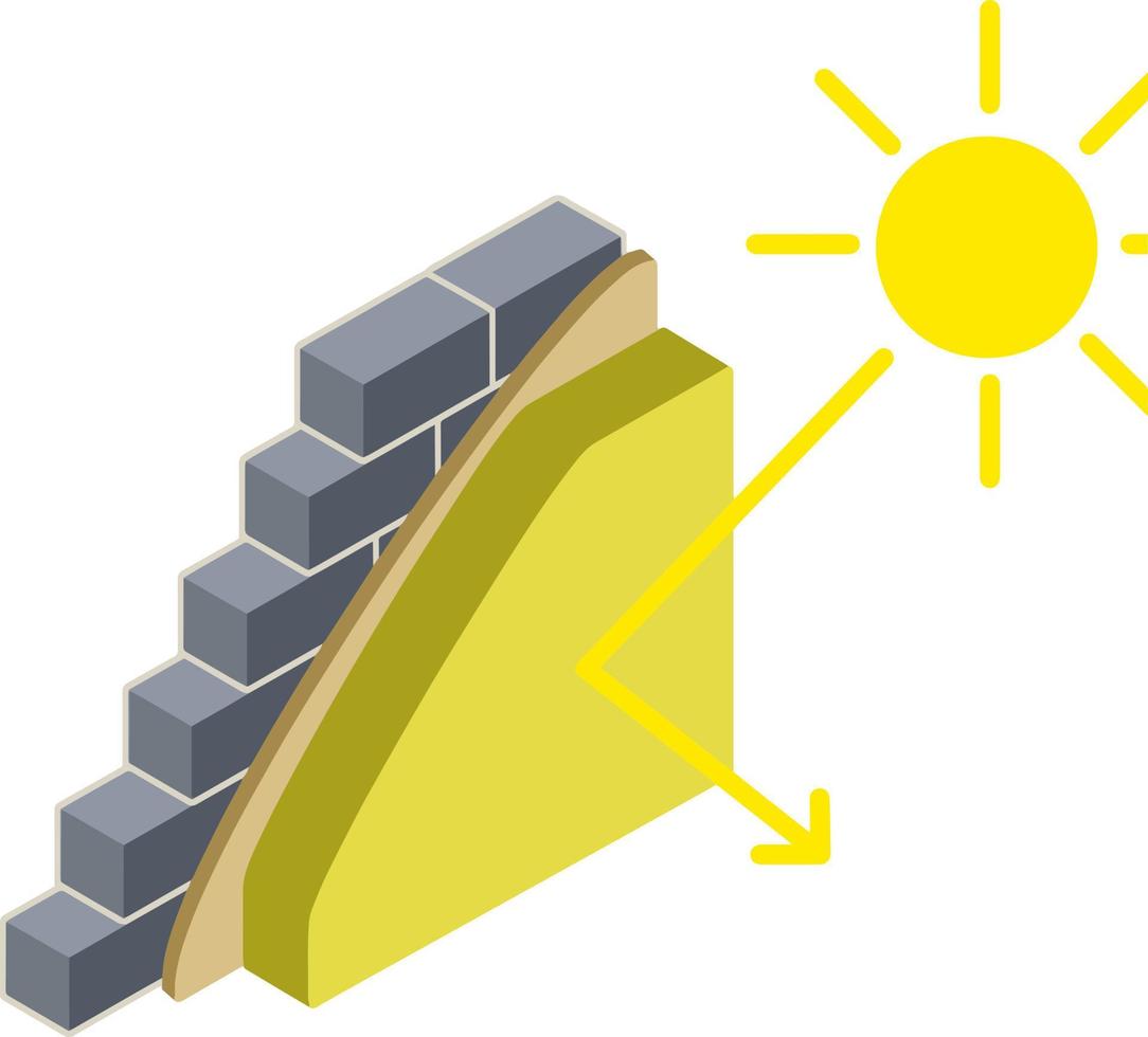 gris ladrillo pared en isometria con capas de yeso y aislamiento. construcción de edificios material para hogar reparar. esquema de reflexión y proteccion desde calor y luz de sol vector