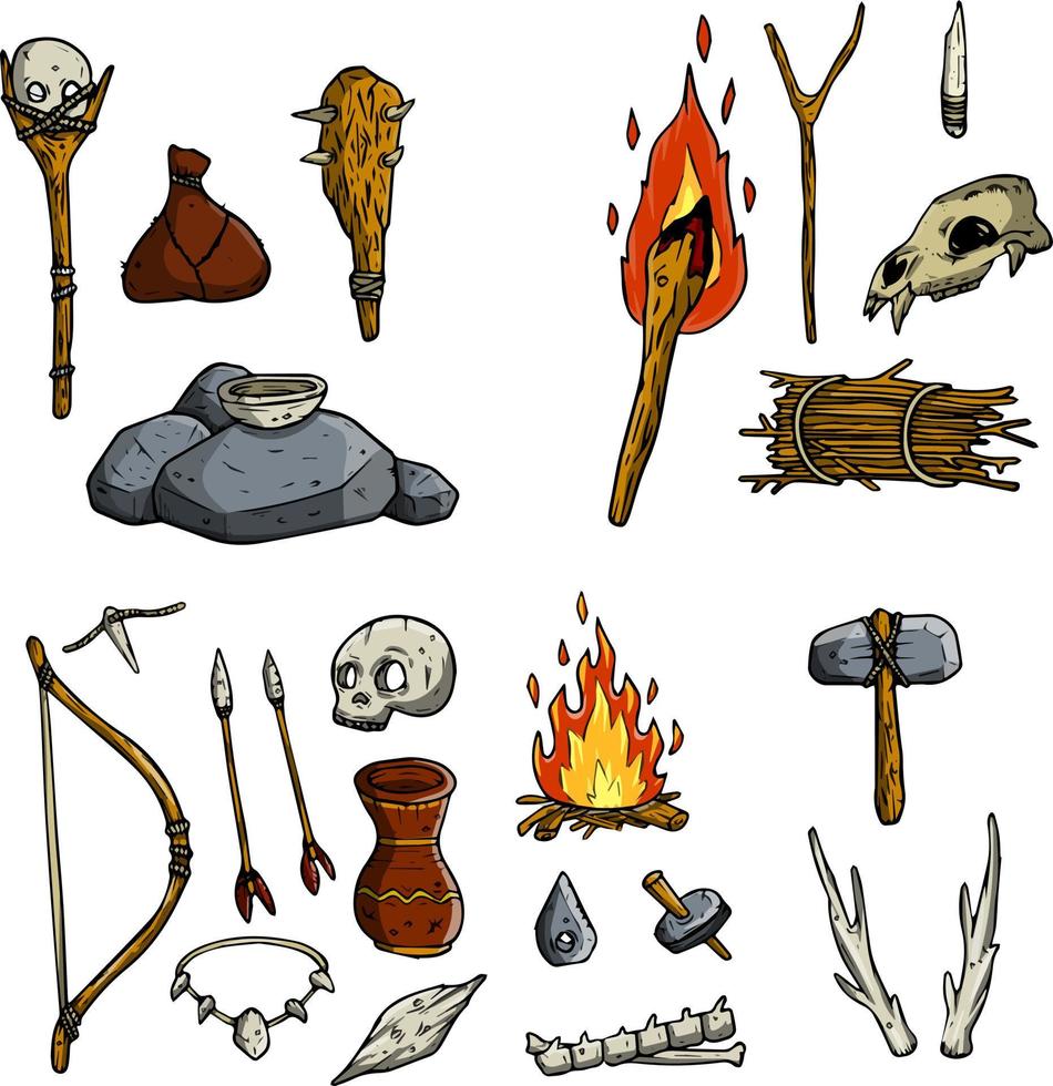 Set of items of primitive man and hunter. Weapons of caveman. Stone age hammer, axe and club. Lifestyle and tool. Cartoon illustration vector