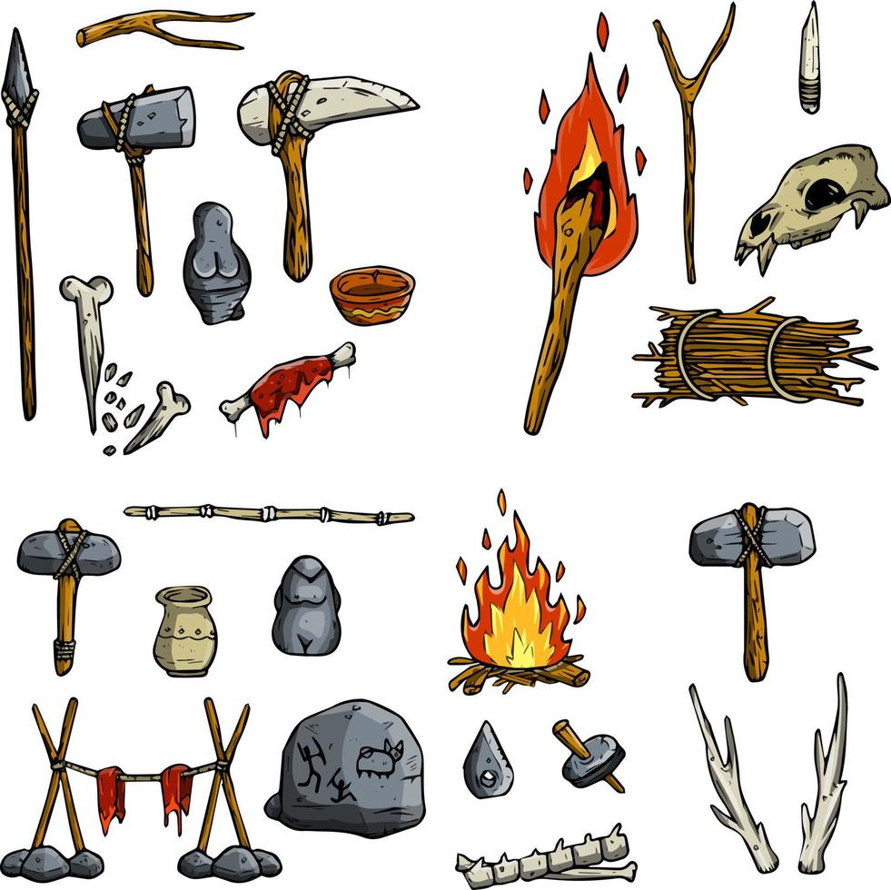 Set of items of primitive man and hunter. Weapons of caveman. Stone age hammer, axe and club. Lifestyle and tool. Cartoon illustration vector