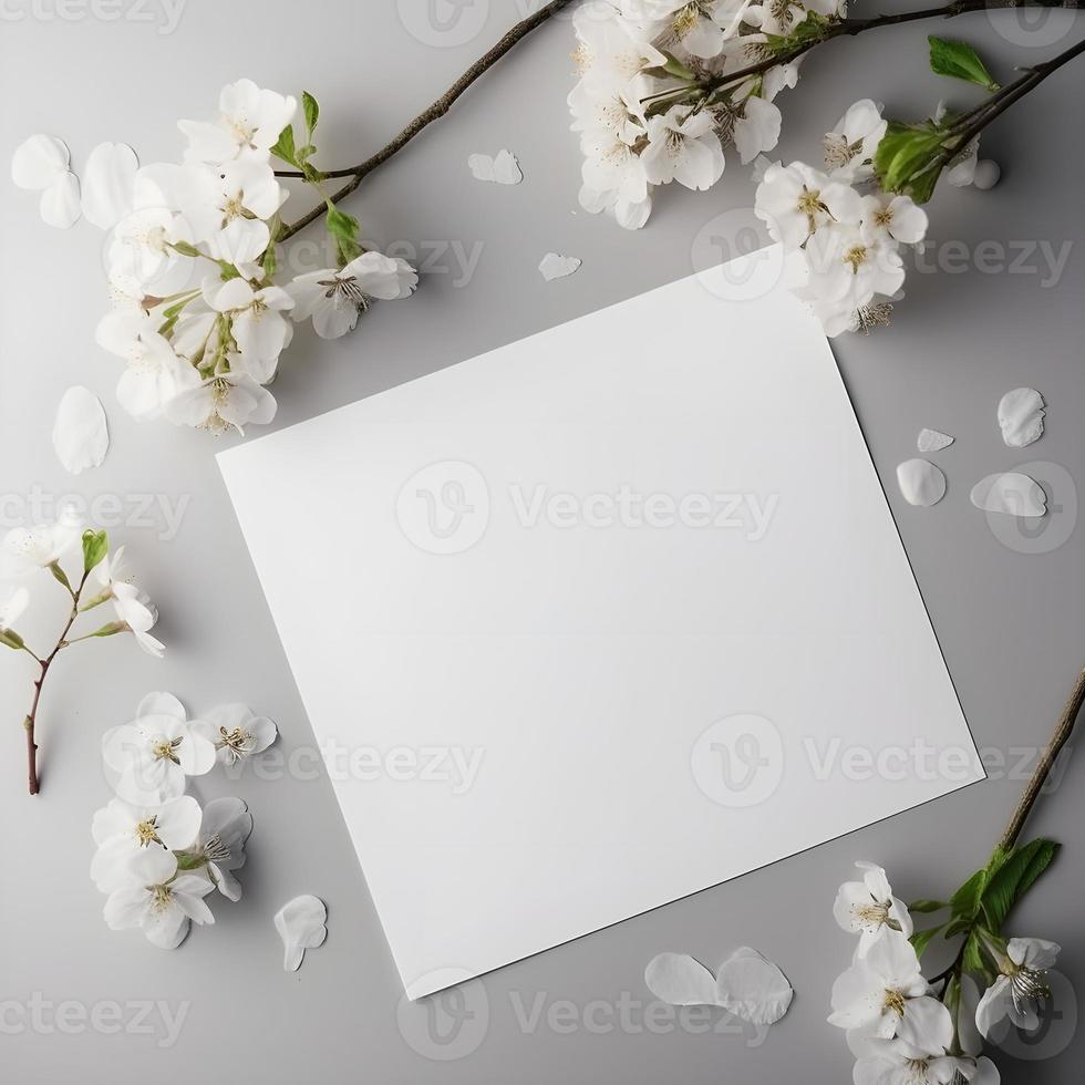 Capturing the Beauty of Blossoms. Overhead Product Photography of Horizontal Blank Paper with Surrounding Blooms photo