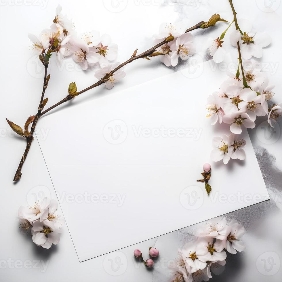 Capturing the Beauty of Blossoms. Overhead Product Photography of Horizontal Blank Paper with Surrounding Blooms photo