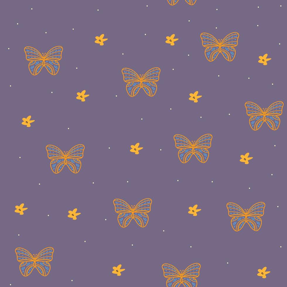 seamless pattern with hand drawn butterflies and abstract flowers.Womans print for wallpaper,kids fabric,nursery interior,cover design,dark background. vector