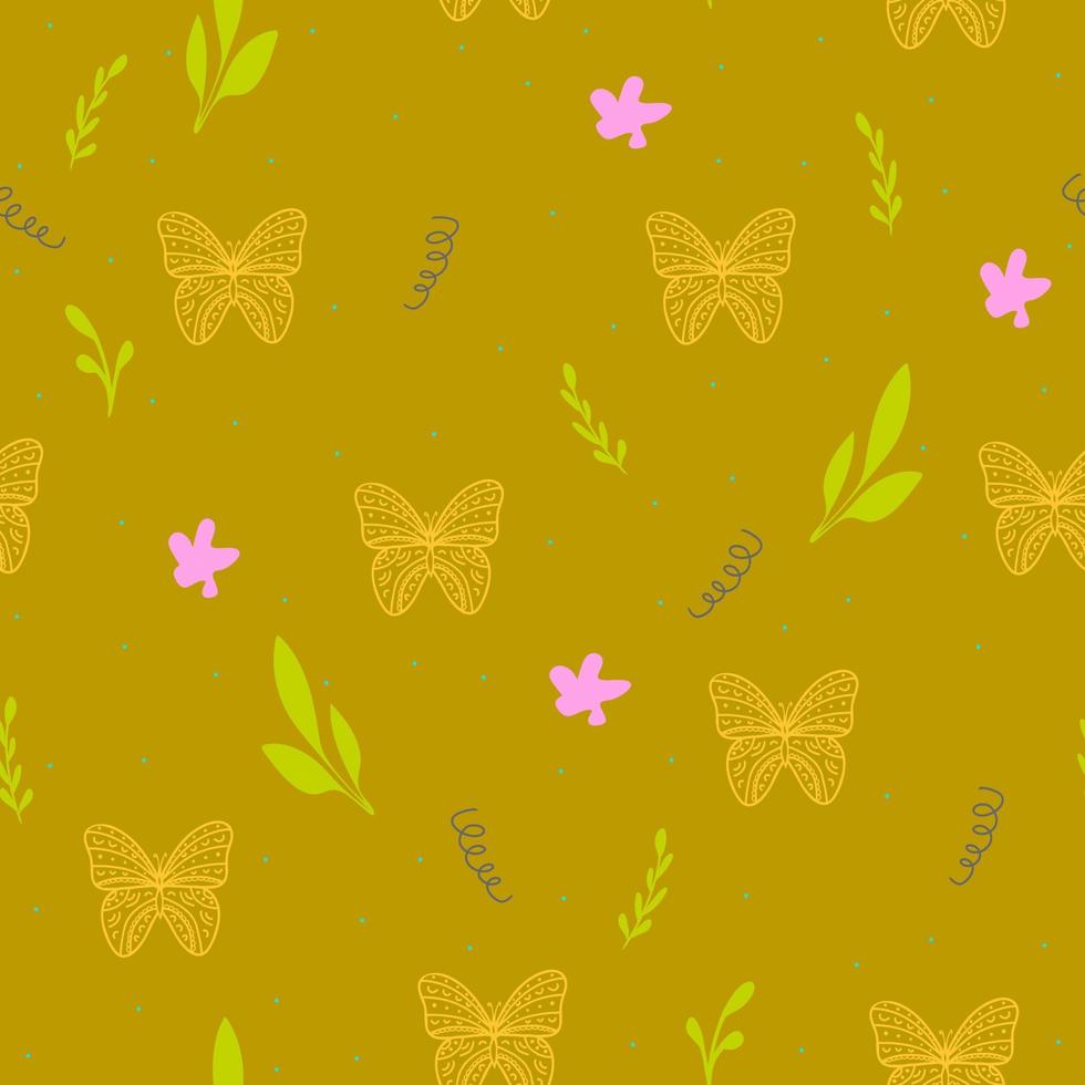 seamless pattern with abstract plant,flower and butterfly.Elegant summer print for wallpaper,kids fabric,bedroom interior,home decor illustration in doodle style. vector