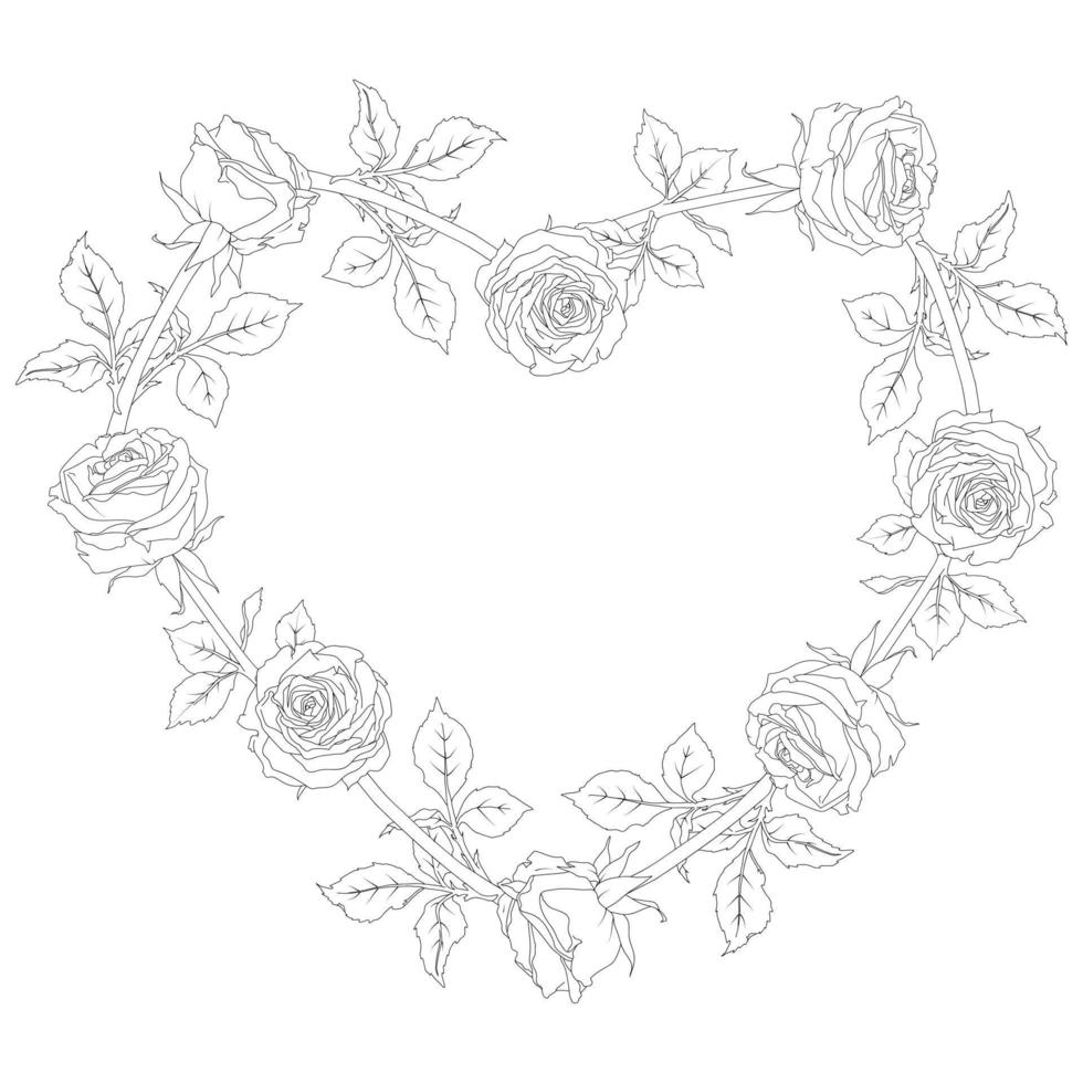 Heart wreath of a rose in line art.Outline flower vector