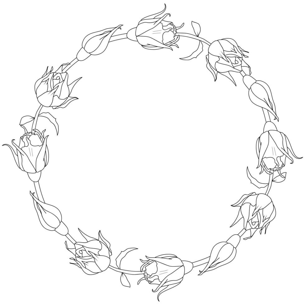 Wreath of rose in line art style. Outline flowers vector