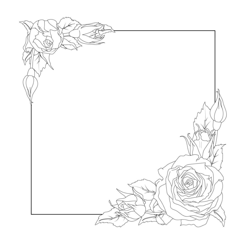 Square wreath of a rose in line art style vector