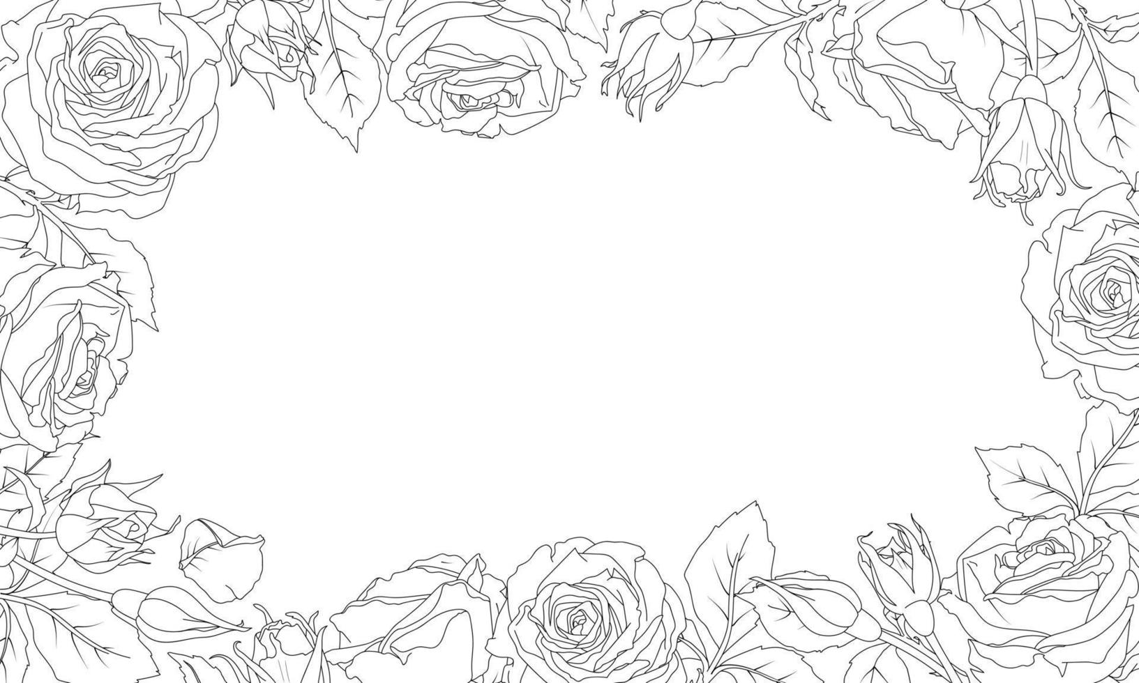 Rectangular frame of a rose and leaves in line art style. vector