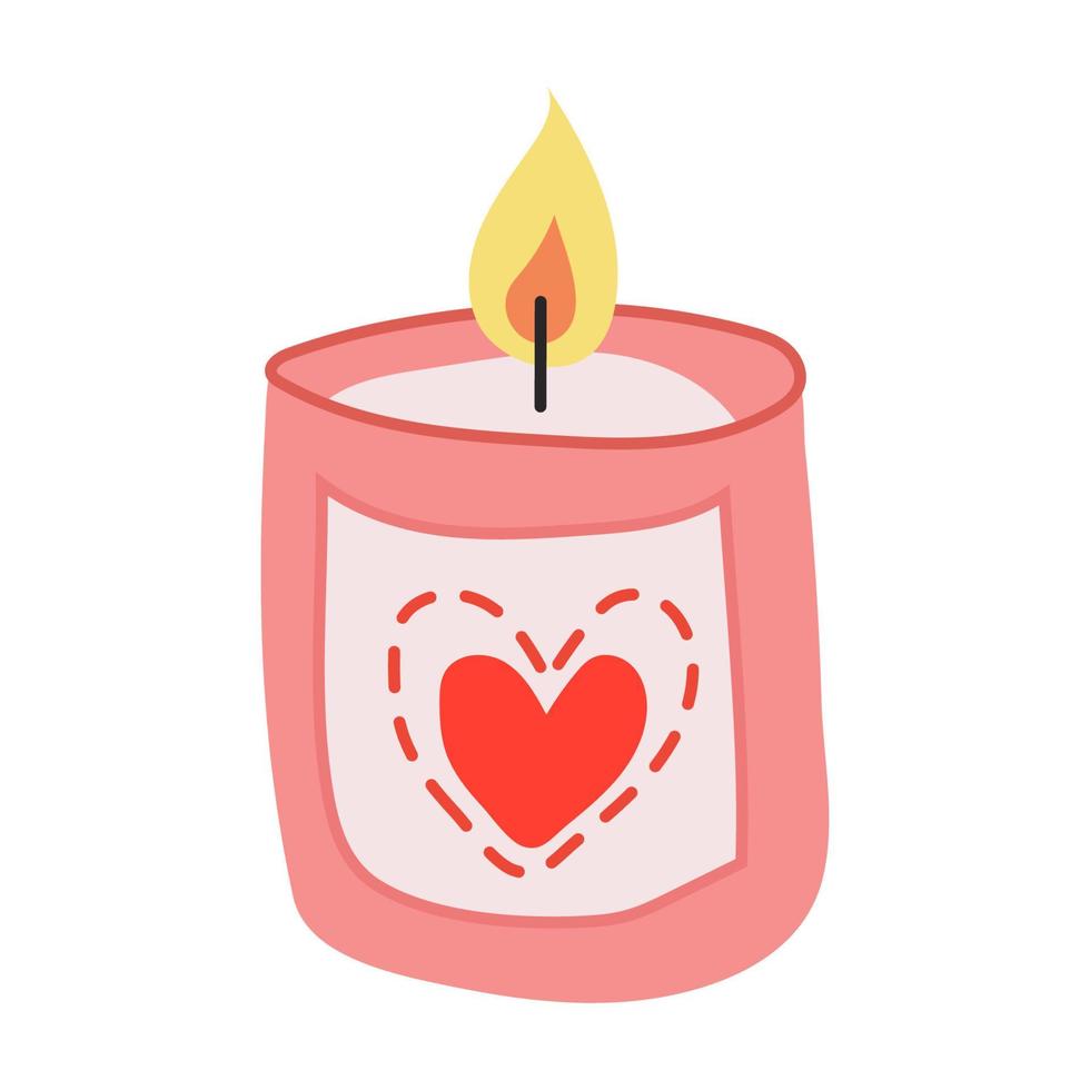 Burning candle in a coloured glass jar isolated on white background. Scented candle with heart. Valentine's day candle. vector