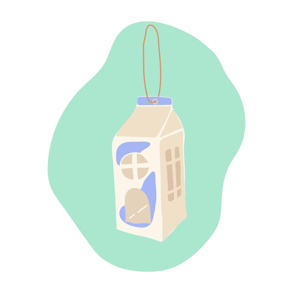 Milk carton DIY bird feeder. Reuse, upcycle, zero waste concept. Vector illustartion isolated on white background.