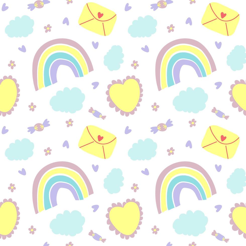 Rainbow, clouds, candies, envelope, heart, flowers seamless pattern in pastel colors. Vector illustration. Perfect for baby bedding, clothes, background, wrapping paper.