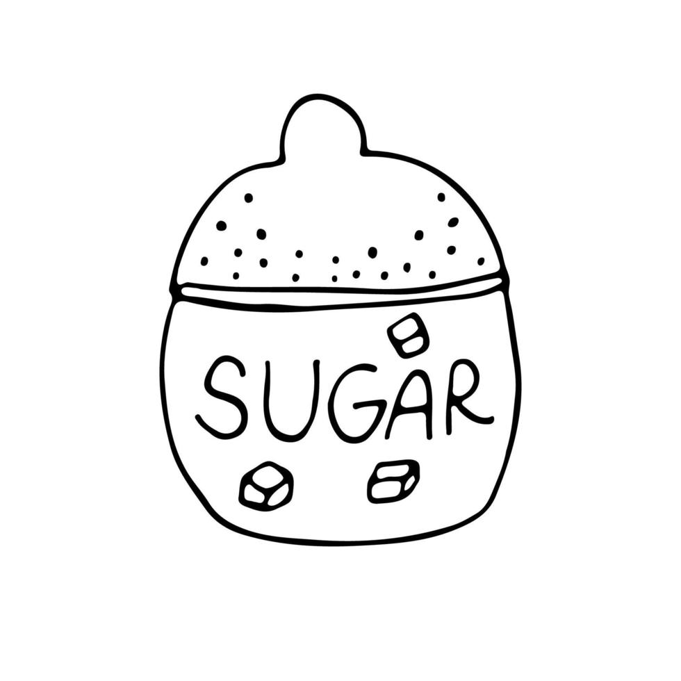 Single circle shape jar of sugar with sugar cubes and lettering on it. The jar has a lid. Black and white jar vector illustration isolated on white background.