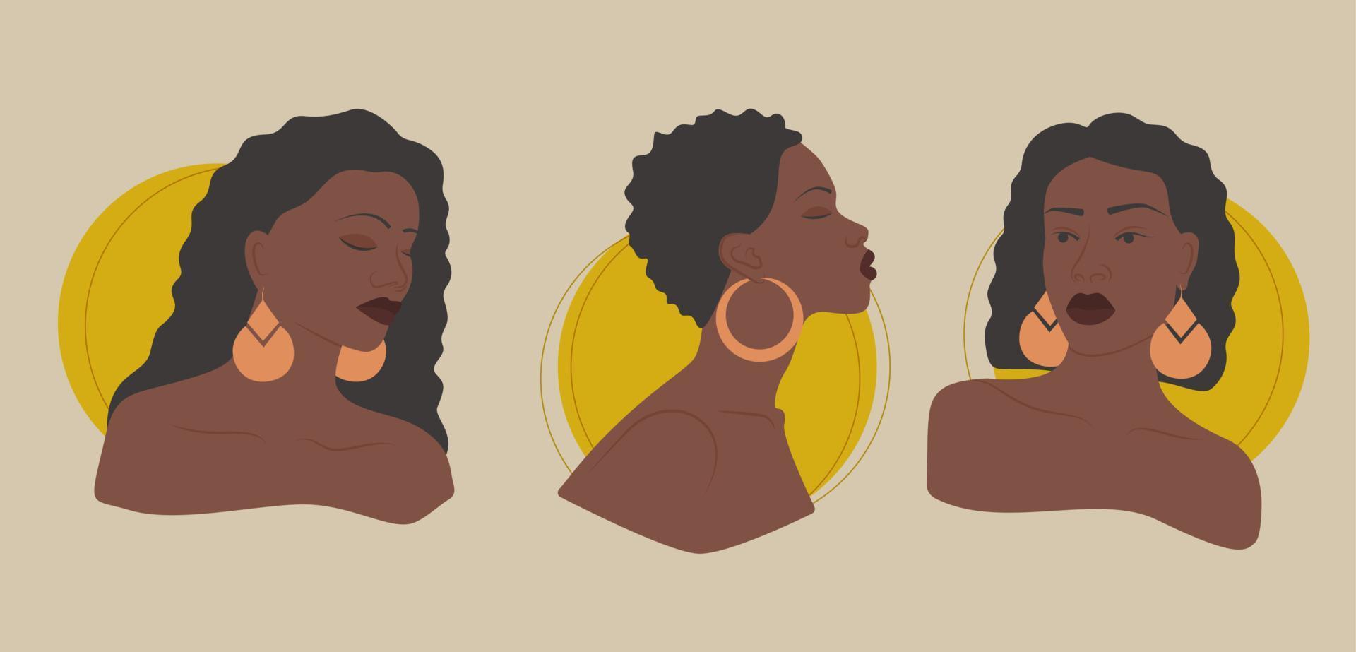 Set of young black women avatar, sun and african lady illustration. Girl power concept. Colored hand drawn vector illustration