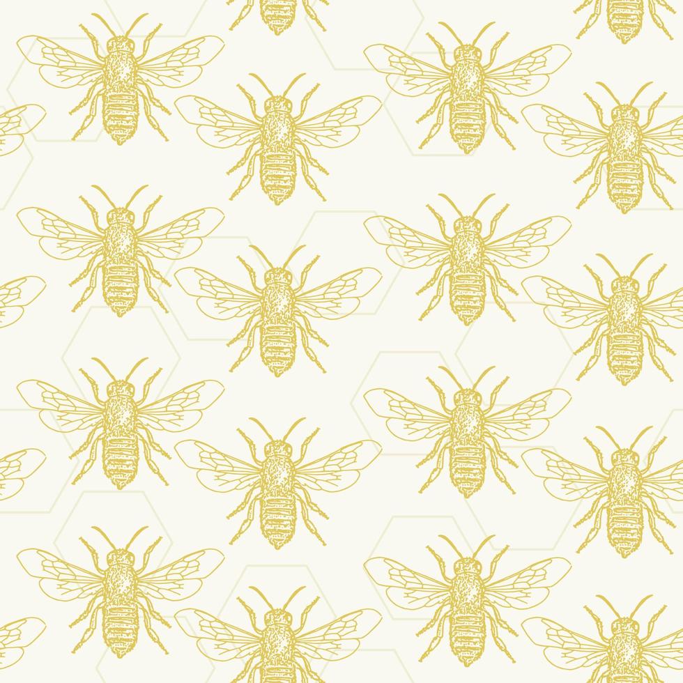 Decorative pattern with honeycombs and bee. Monochrome yellow insect on background. Vector endless texture for digital paper, fabric
