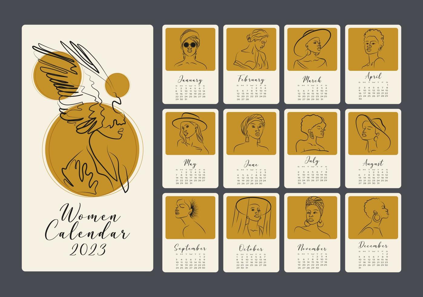 calendario con resumen mujer en uno línea estilo. vector modelo con hermosa joven señoras. conjunto para 2023 con 12 paginas para cada mes. vector ilustración. linda imprimible creativo modelo.