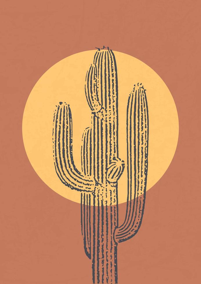 Minimalistic brown Illustration with cactus and sun. Modern style wall decor, monochrome art. Brown artistic poster for print, logotype vector