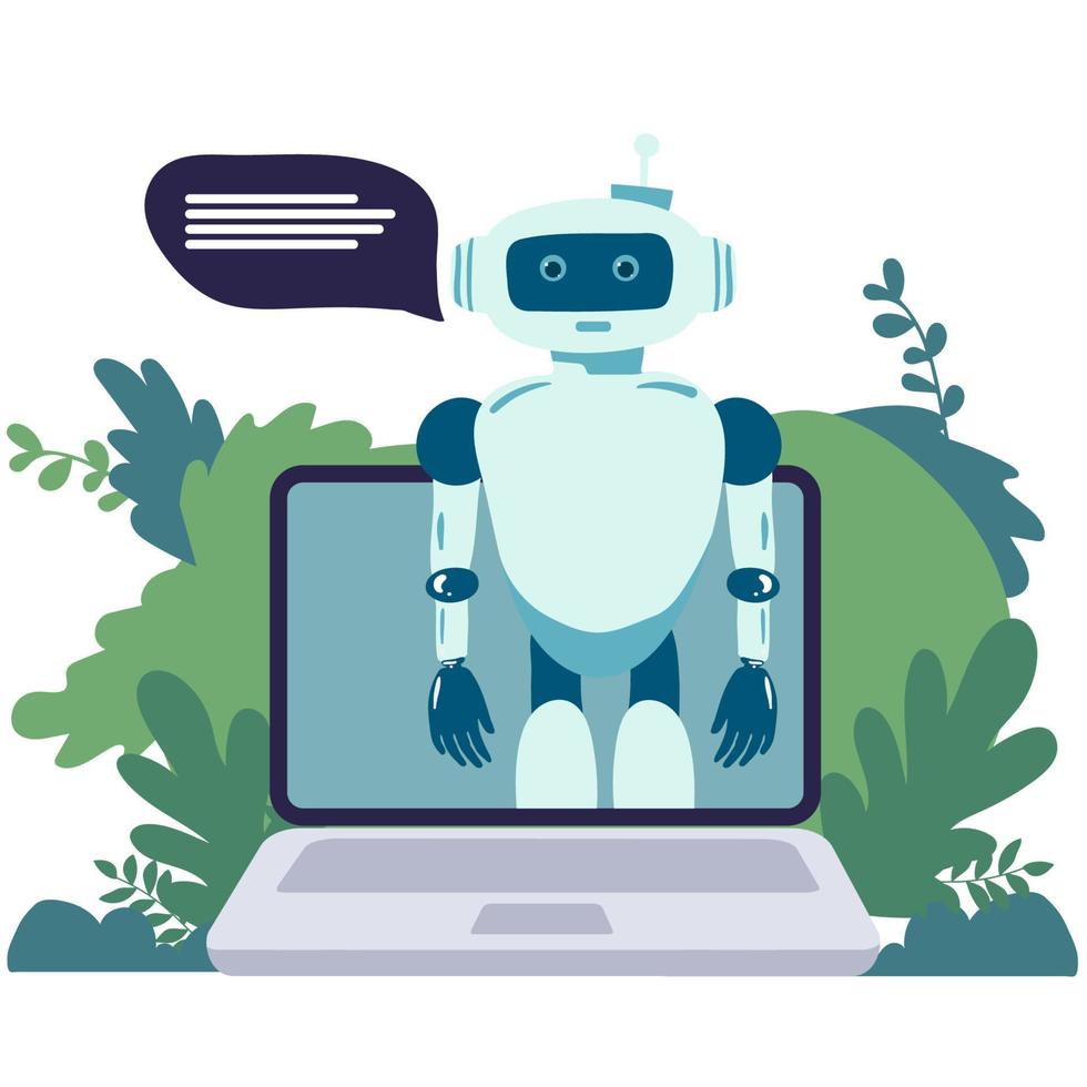 robot en línea asistencia y máquina aprendiendo. plano vector ilustración de futurista robot trabajando con ordenador portátil para codificación o desarrollando proyecto. chatbot mensajes de texto y secundario clientes en En Vivo charla