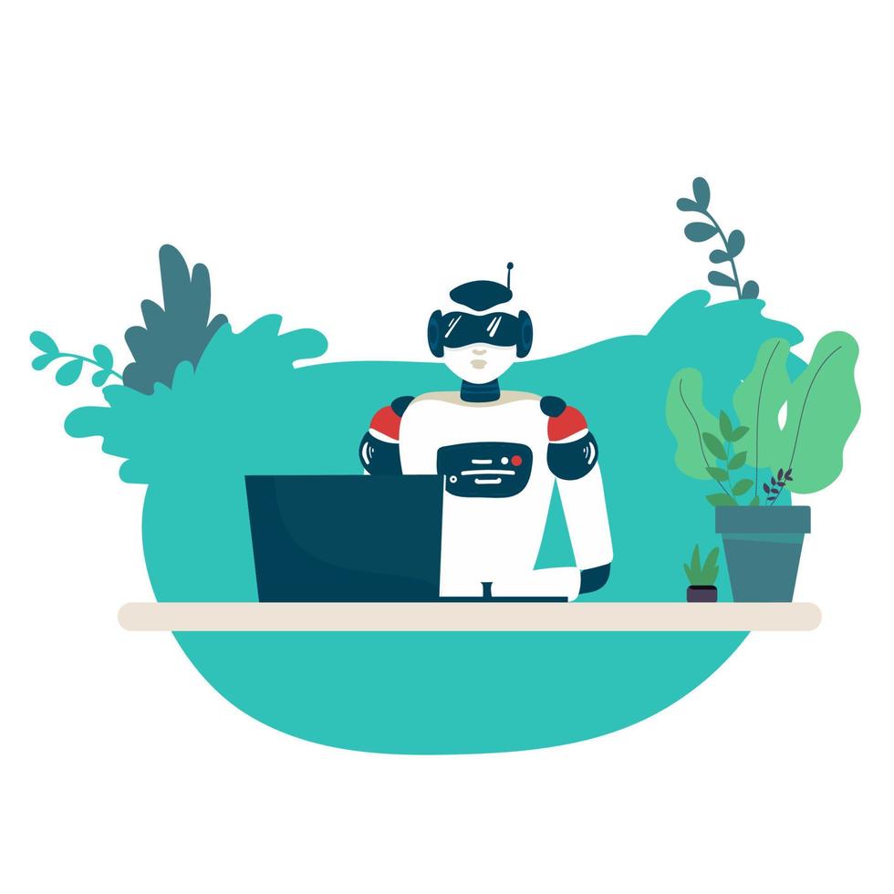 Robot online assistance and machine learning. Flat vector illustration of futuristic robot working with laptop for coding or developing project. Chatbot texting and supporting customers in live chat