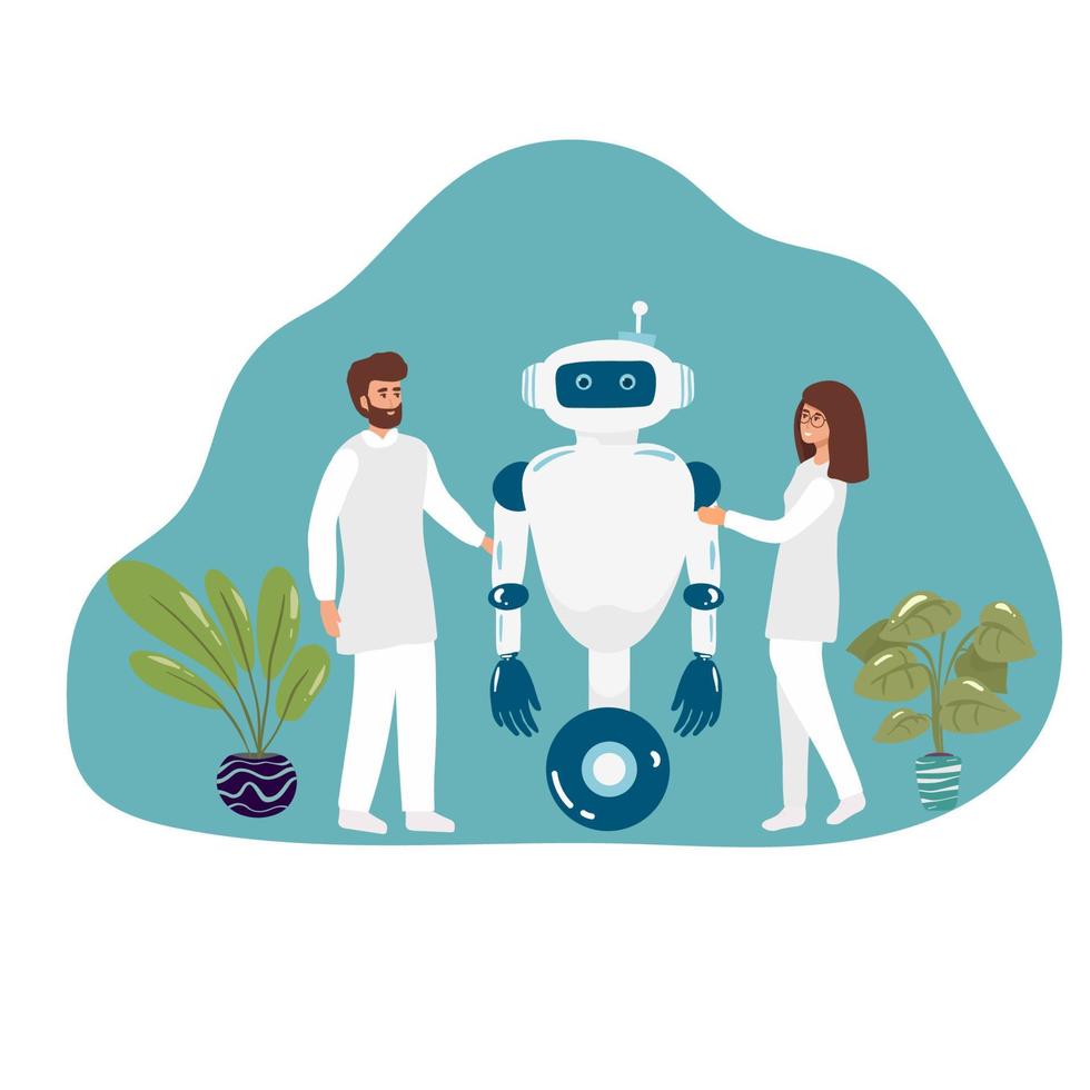 Cartoon Nano Tech Research Center for AI Creation. Scientists, Assistants, Developers Check Robot Skills, Artificial Brain Functions. Cybernetic, Bionics, Robotic Production. Vector Flat Illustration,