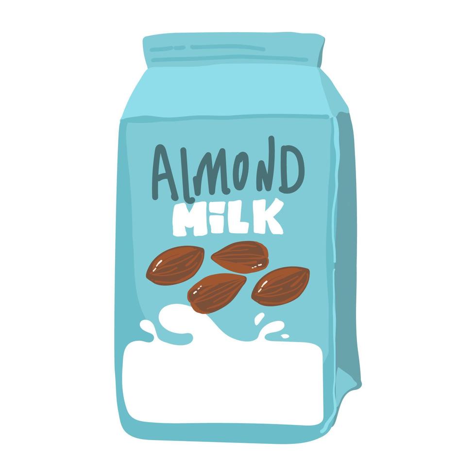 Isolated almond milk in paper package with liquid splash and nuts, natural drink branding on carton container with lid, advertising of vegan liquid for nutrition. Dairy packaging and advertising vector