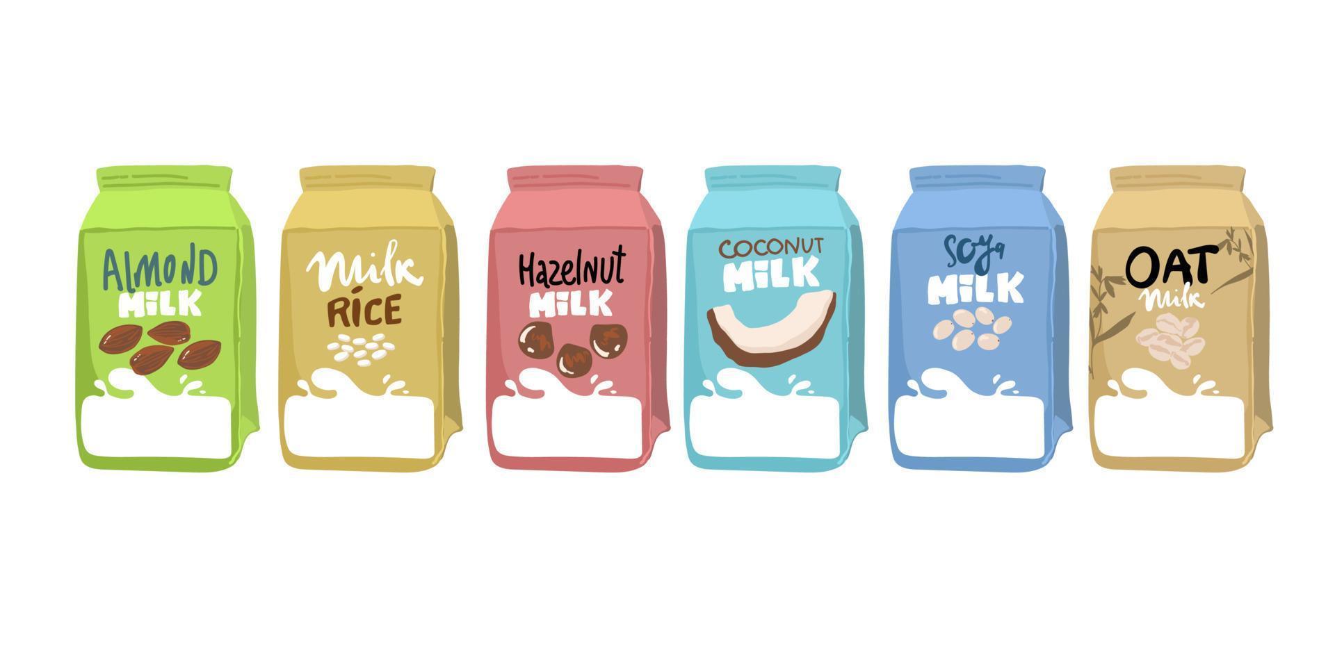 Set of  of of fruit in milk splashes. Strawberry, blueberry honey, vanilla, chocolate, coconut and almond. Vector. Set of different vegetable milk - almond, rice, coconut, soybeans. Vegan vegetarian vector
