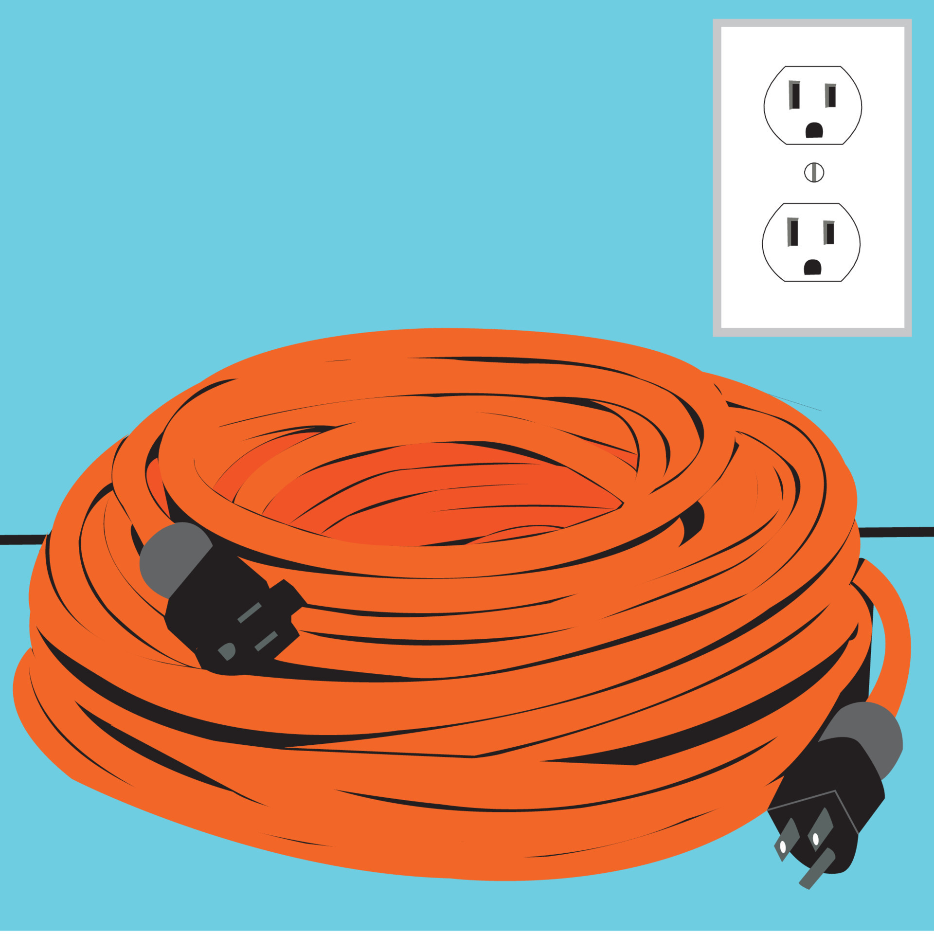 Orange Extension cord in a pile on ground next to Outlet 21618426