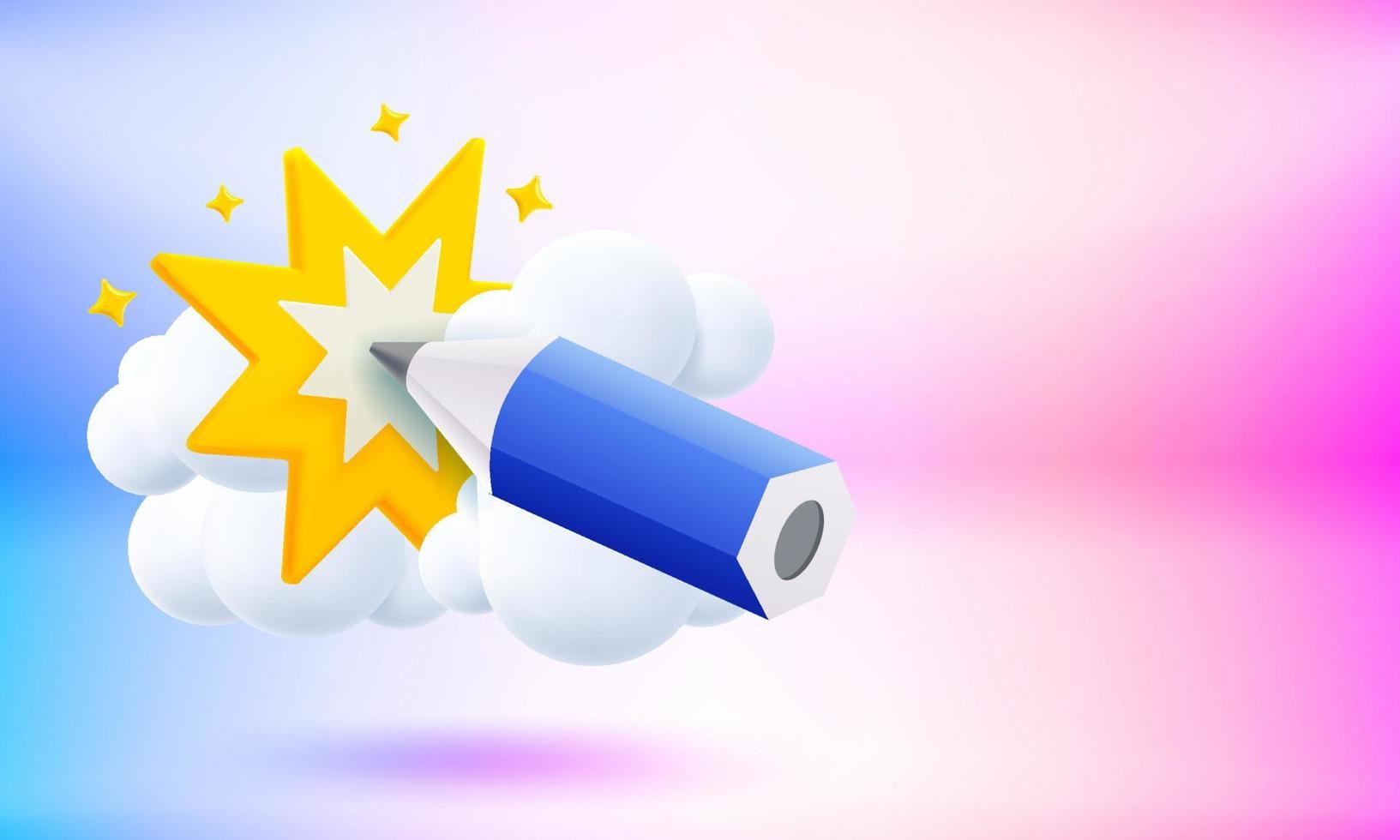 Blue pencil with star flash. Creative concept. 3d vector banner with copy space