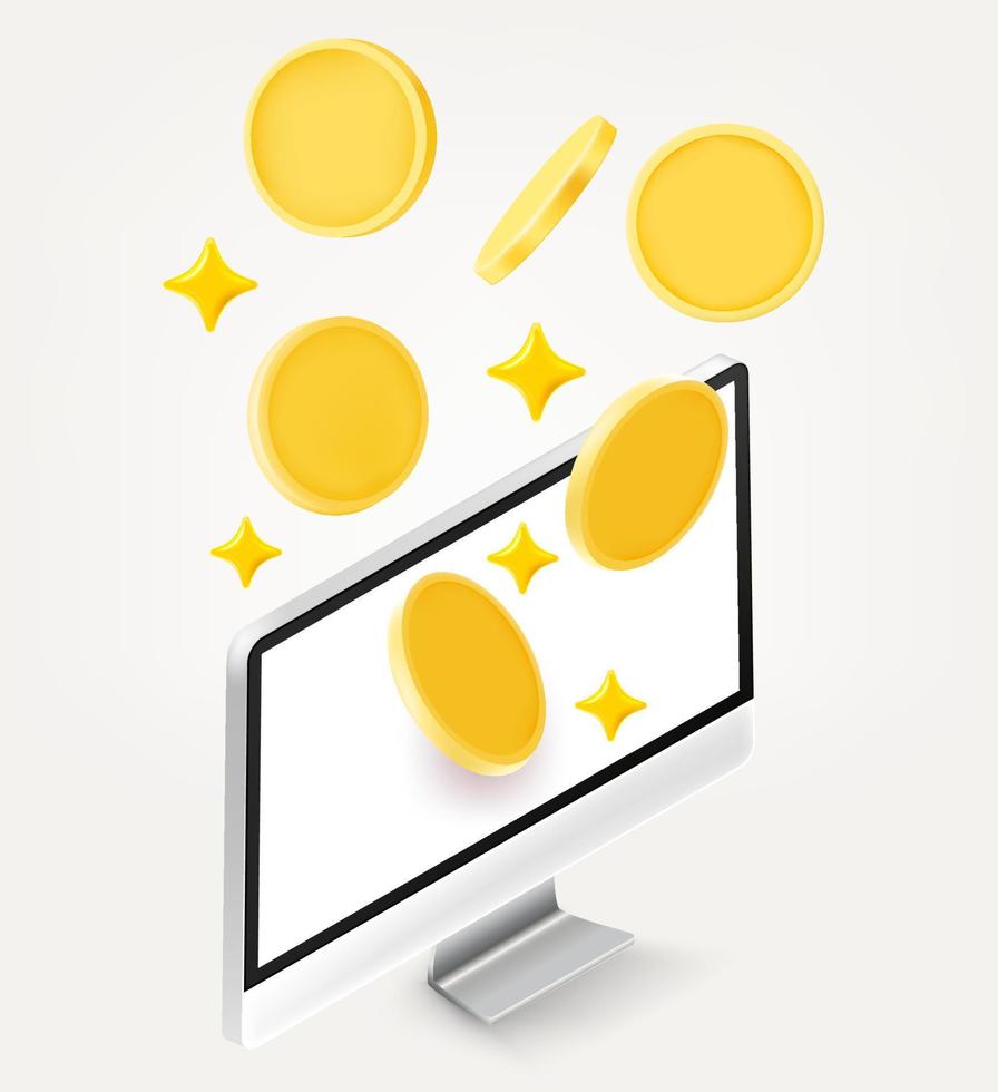 Modern computer with golden coins. 3d vector illustration isolated on white background