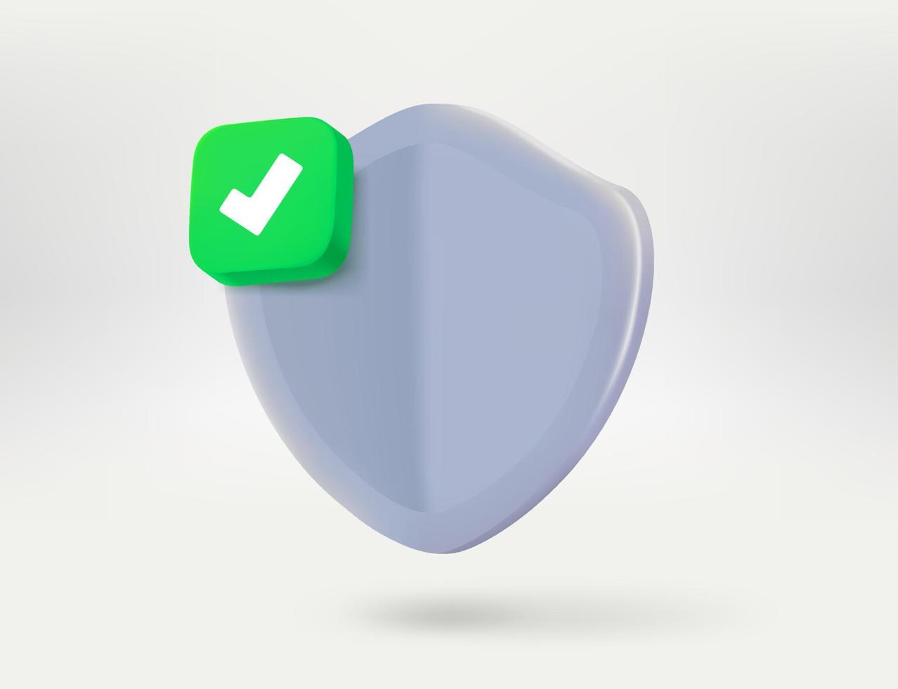 Metal shield with green checkmark. 3d vector illustration