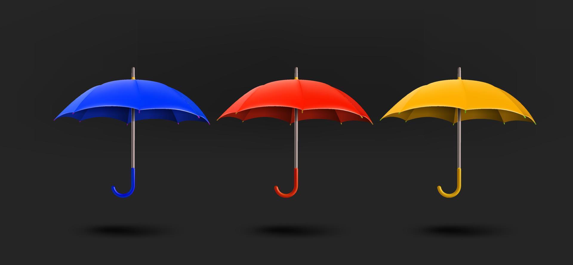 Different umbrella icons collection. 3d vector isolated on black background