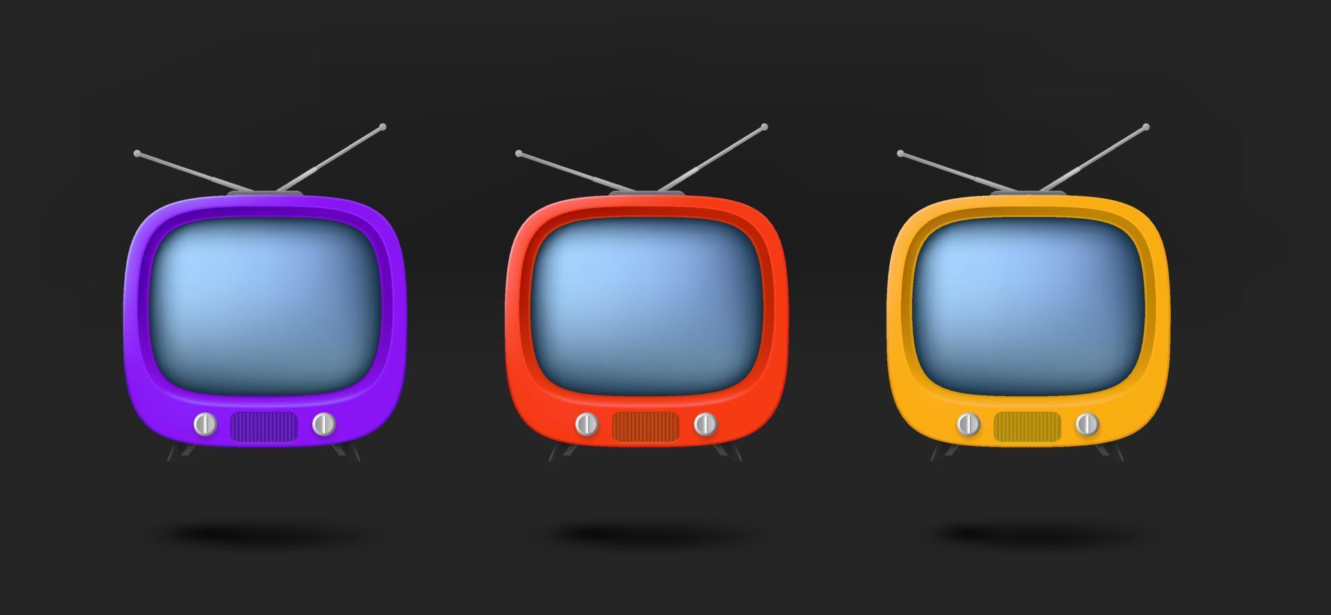 Different color tv icons collection. 3d vector isolated on black background