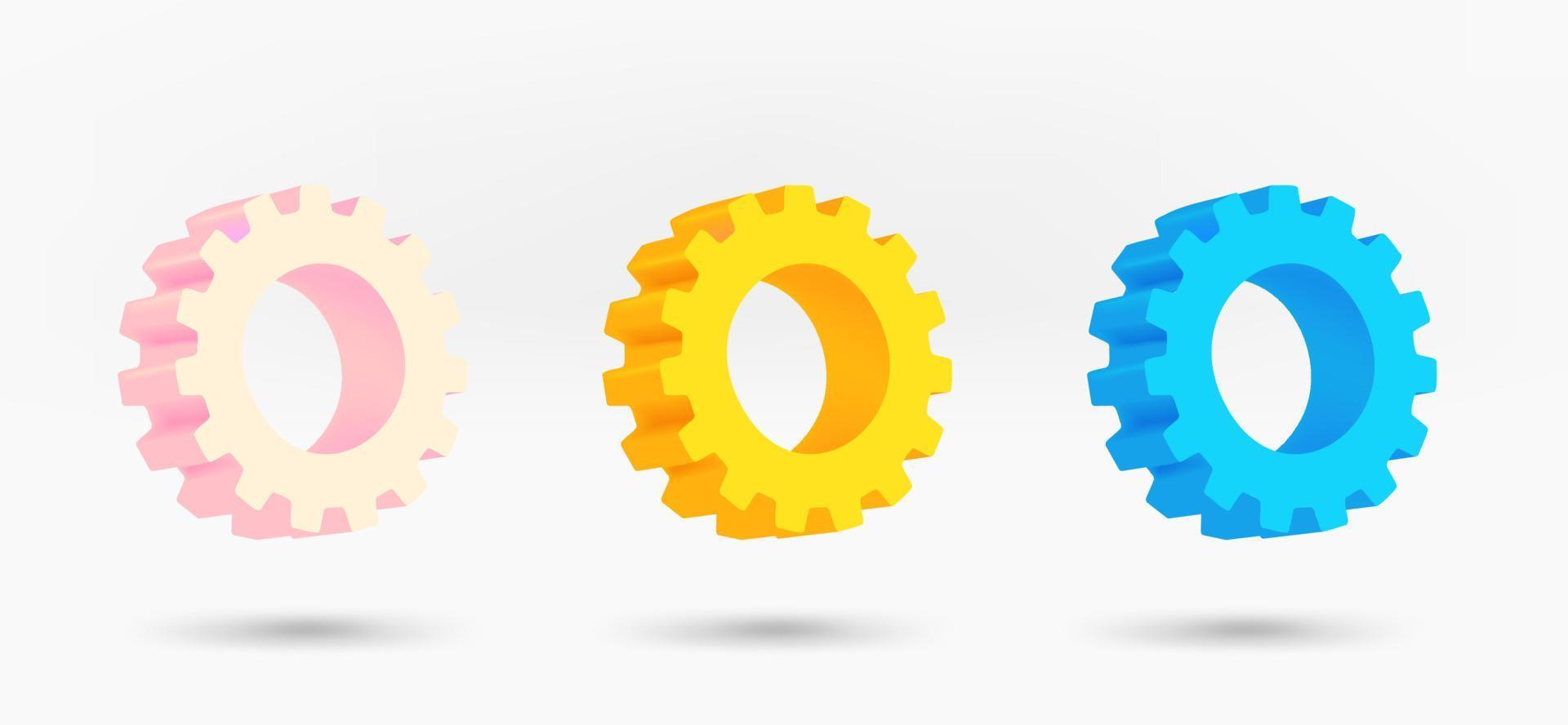 Different color gear icons collection. 3d vector isolated on white background